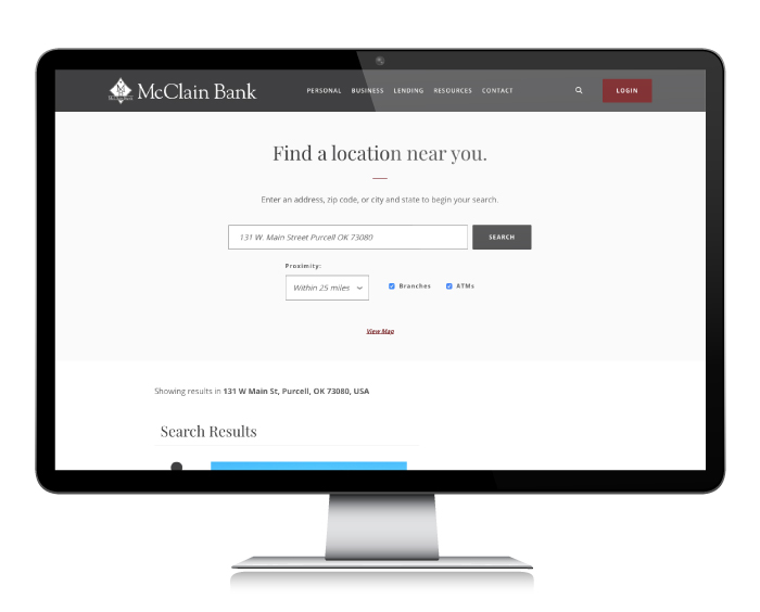 Computer mock up showing branch locator page
