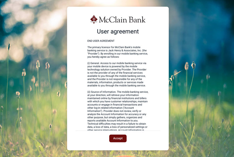 Screenshot of online banking initial User Agreement acceptance.
