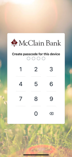 Screenshot of mobile banking passcode creation.