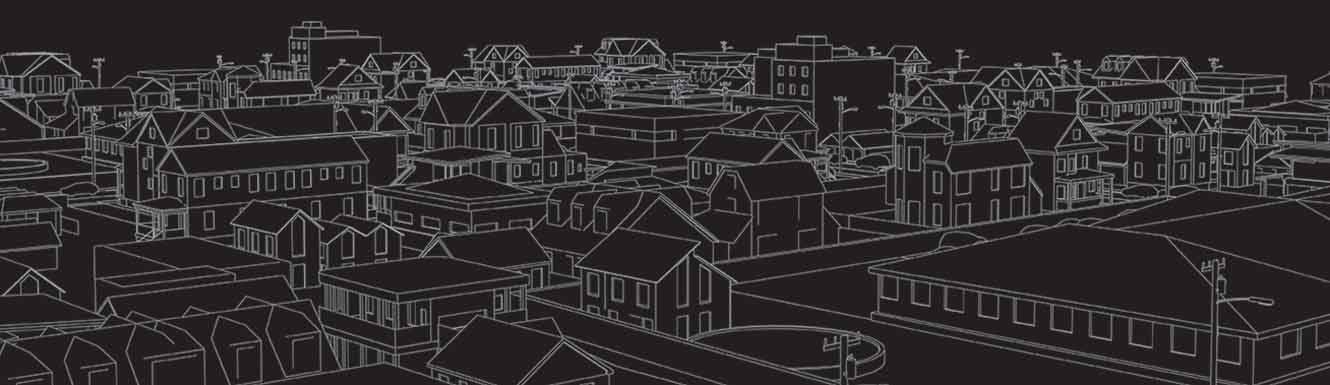 Black and white line drawing of a bird's eye view of a small city. 