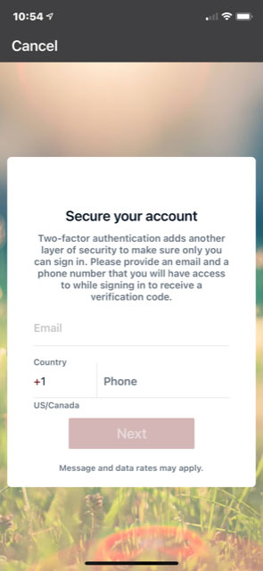 Screenshot of mobile banking two-factor authentication setup.
