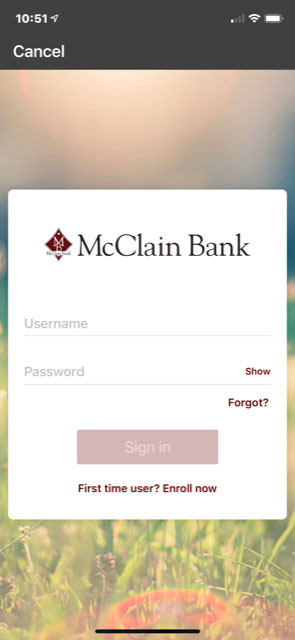 Screenshot of mobile banking sign-in where first time users can enroll.