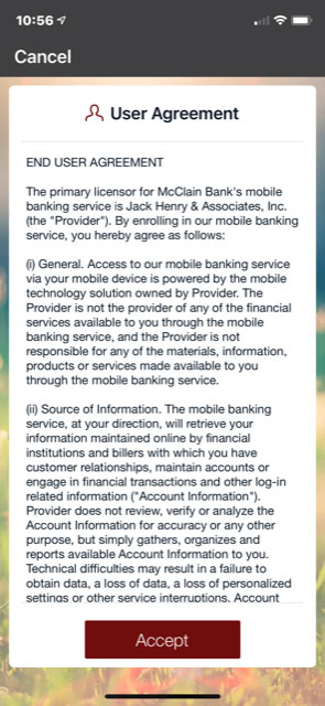 Screenshot of mobile banking user agreement initial acceptance.