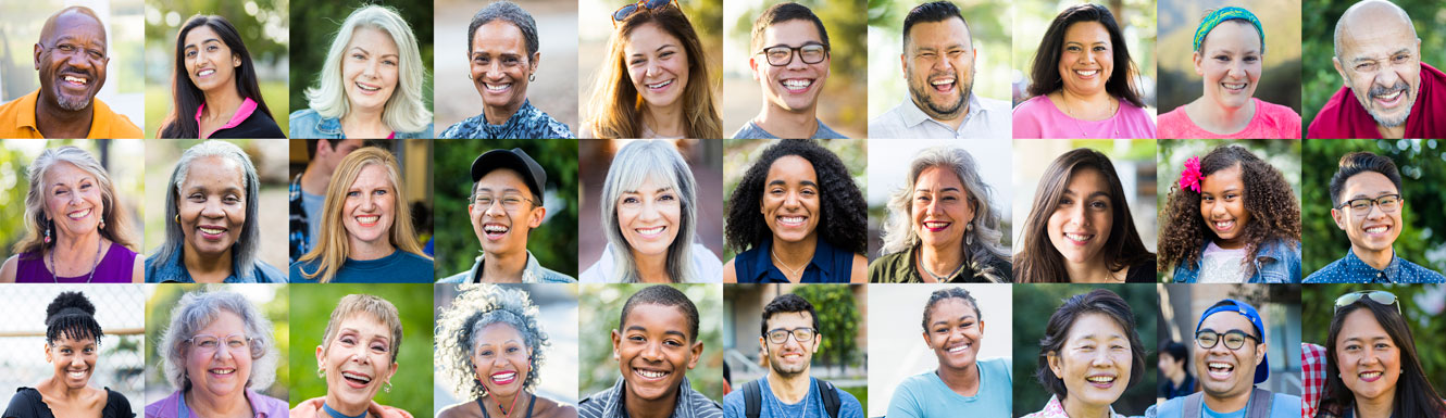 A diverse collection of human portraits, all are positive or smiling, laughing.