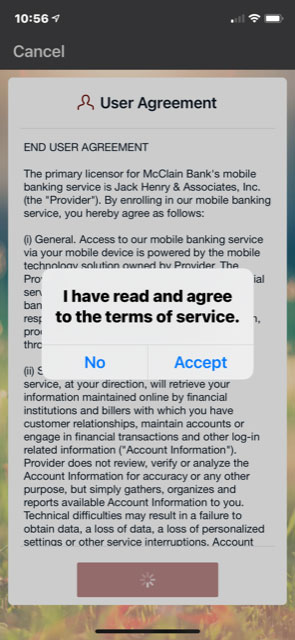 Screenshot of mobile banking User Agreement acceptance verification.